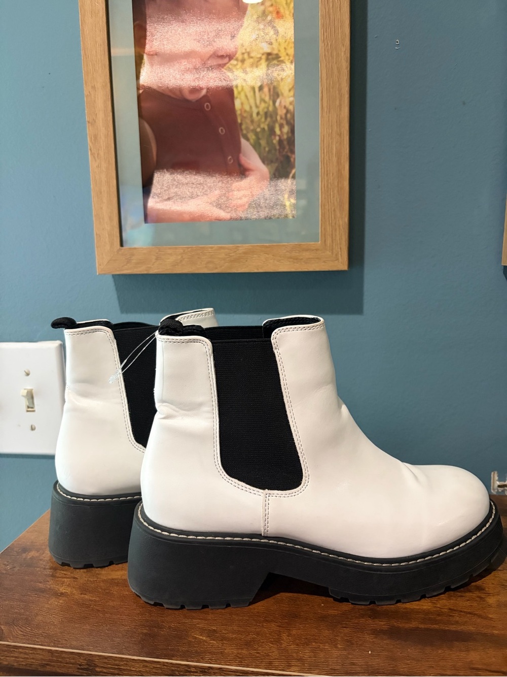 Steven By Steve Madden White Chelsea Platform Booties with Black Elastic